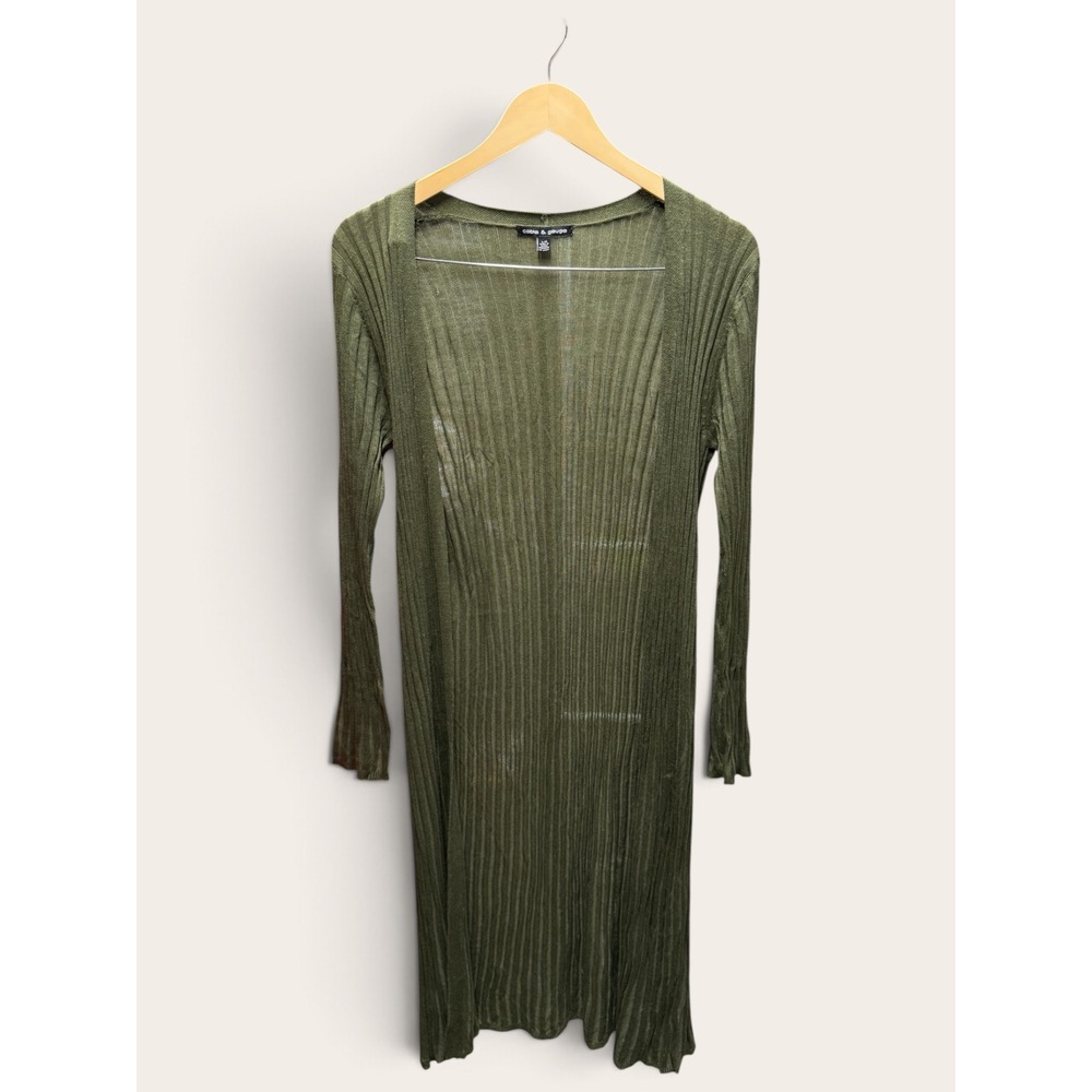 Cable & Gauge Olive Green Ribbed Longline Cardigan Sweater Large Open Front